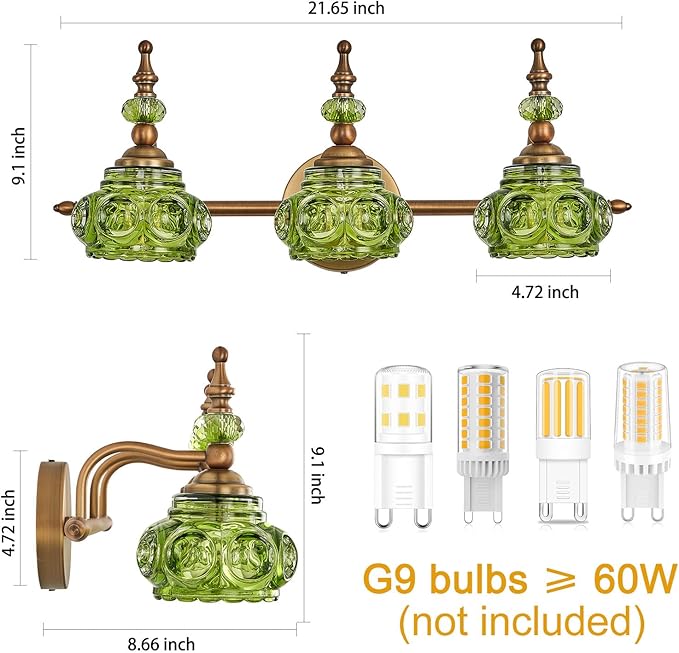 Vintage 3-Light Bathroom Vanity Light Fixtures, Modern Brass Vanity Wall Sconces Over Mirror with Green Glass Shade for Bathroom Bedroom Living Room