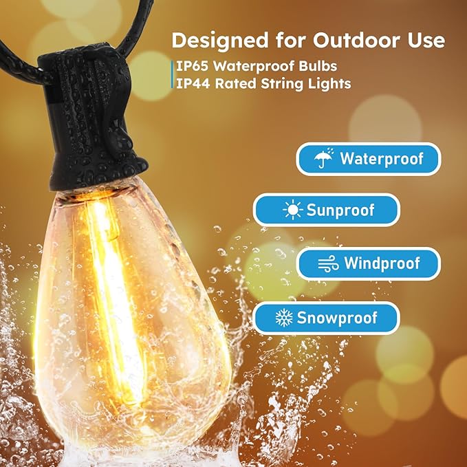 GvvooHome LED Outdoor String Lights, 50FT Waterproof Patio Lights with 16 Shatterproof S11 Plastic Bulbs, 2700K Warm White Edison Hanging Lights for Backyard, Garden, Porch, Bistro