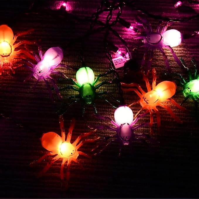 Halloween Spider String Lights, 7Ft Halloween Decorations Lights with 10 LED Colorful Spider Lights 15 Mini Purple Bulbs, Hanging Fairy Lights UL Listed for Outdoor Curtain Porch Bar Party Decor