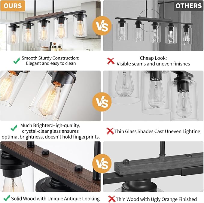 Farmhouse Dining Room Light Fixture, 2026 Upgrade 5-Light Pendant Lights Kitchen Island Lighting, 32.4" Black Farmhouse Chandeliers for Dining Room Chandelier Over Table with Wood Clear Glass Shade