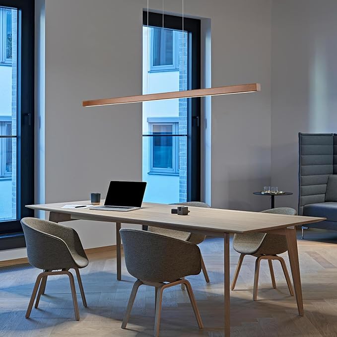 YISDESIGN 71" Wood Linear Pendant Light Modern LED Dimmable Ceiling Hanging Light Fixtures Wood Linear Chandeliers 40w for Dining Room Kitchen Island Pool Table Bar Walnut Color