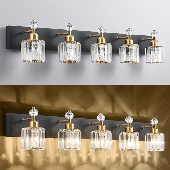 PRESDE 5-Light Crystal Bathroom Vanity Light, Modern Black and Gold Wall Sconce ， Wall Lamp for Over Mirror Bedroom Hallway
