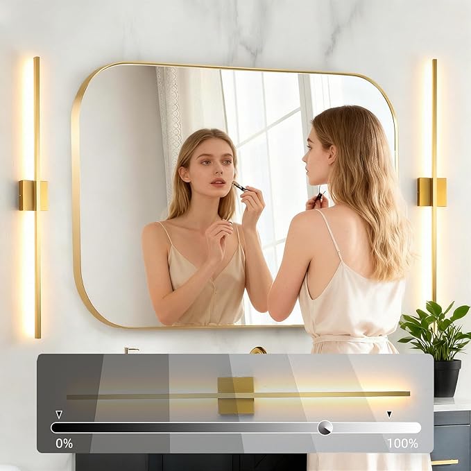 Wall Sconces Set of Two, LED Dimmable Sconces Wall Lighting, Brushed Gold Modern Wall Sconce Light for Bathroom, Living Room, Bedroom, Hardwied 3000K 40''