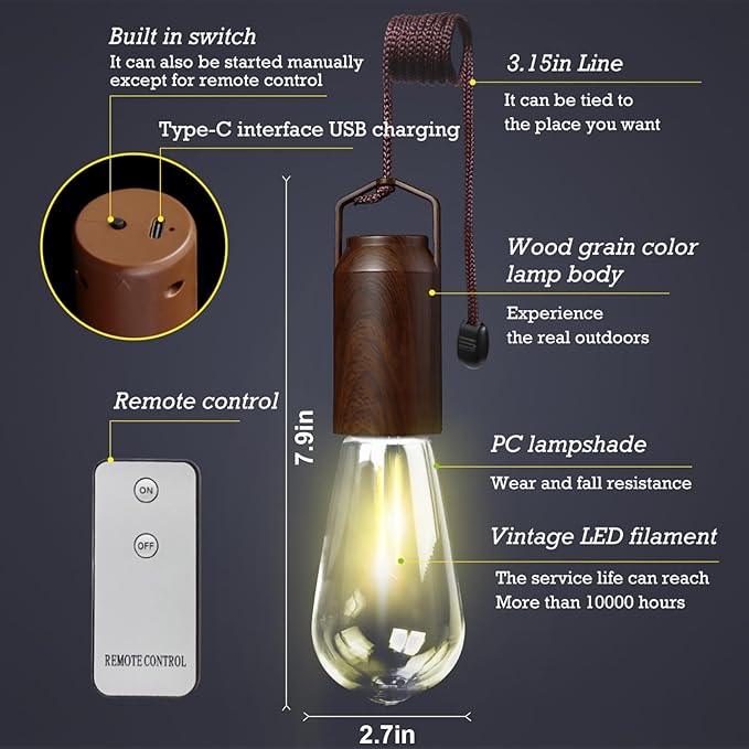 4 Pack Rechargeable Warm Tent Hanging Light Bulb,Portable Outdoor Vintage LED Camping Light,Pendant Hurricane Emergency Lighting Lantern for Hiking Backpacking Fishing Outage Power Failure