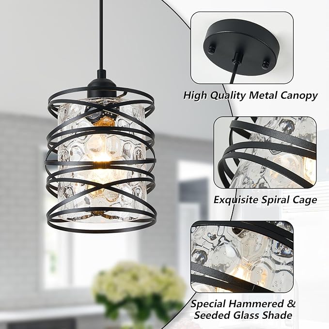 Black Mini Pendant Light Fixture 1-Pack Modern Kitchen Island Pendant Lighting 6.3 Inch Spiral Cage Handblown Hammered Seeded Glass Shade for Dining Room Bedroom Foyer Hallway Bar, E26
