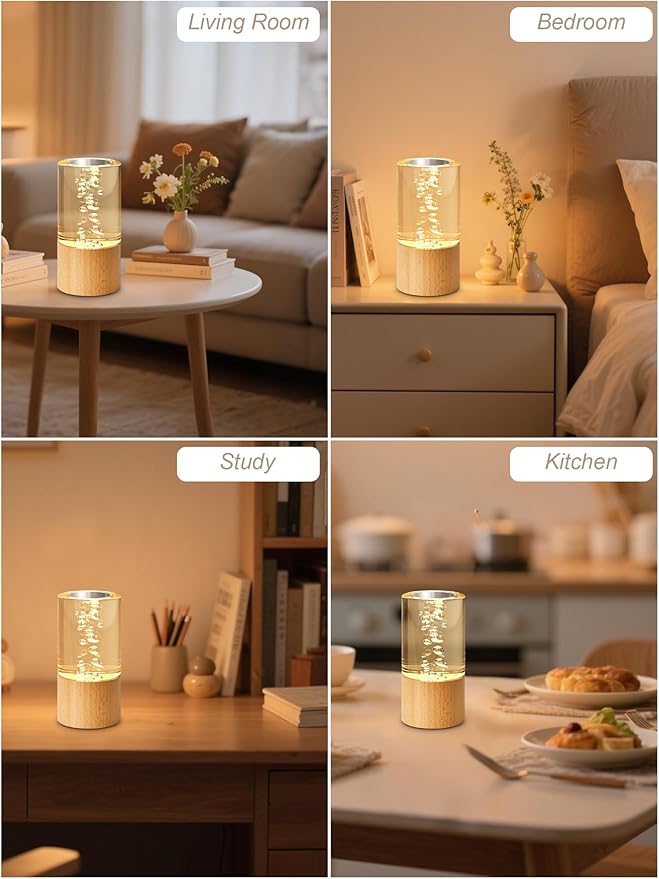 WLHONG Small Wood Table Lamp with USB - 3000K Dimmable LED Rechargeable Bedside Desk Light with Wooden Base, Portable Nightstand Bubble Lamps for Bedroom,Dorm,Living Room,Office Creative Lighting