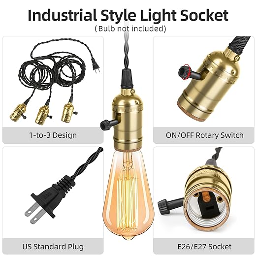 Vintage Plug-in Pendant Light Kit with 1-to-3 Hanging E26/E27 Sockets, Industrial Hanging Light with Individual Rotary Switches, Easy DIY Lighting for Living Room, Patio and Plant Corners, Gold