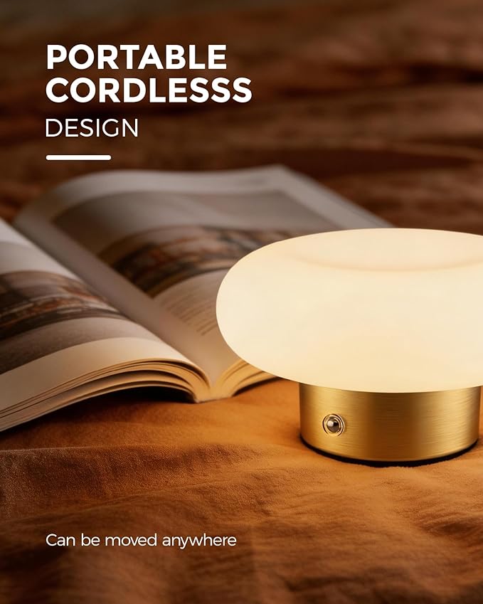 Cordless Table Lamp, Gold Rechargeable Battery Operated Lamp, Stepless Dimming Touch Lamp with Glass Lampshade for Bedroom, Living Room, Dining Table, Nightstand