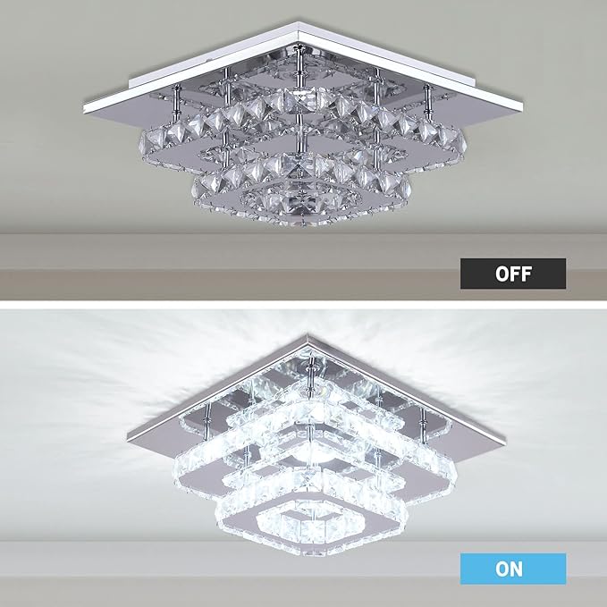Mini Chandelier LED Crystal Ceiling Light 2 Layers Flush Mount Ceiling Light Modern Chandelier Lighting for Hallway Staircase Kitchen Bathroom (Cool White)