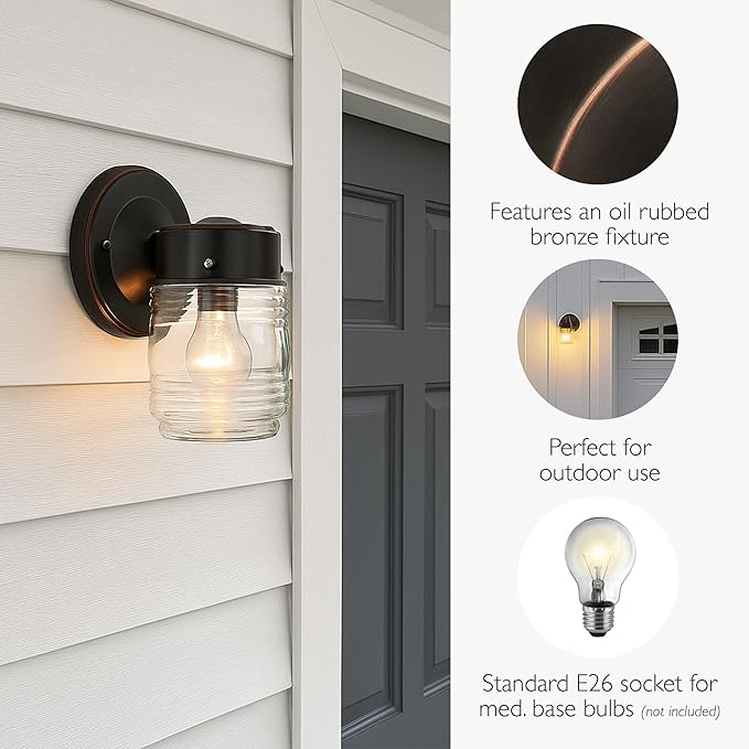 Design House 505198 Jelly Jar Classic 1-Light Indoor/Outdoor Wall Light with Clear Ribbed Glass for Entryway Porch Patio, Oil Rubbed Bronze