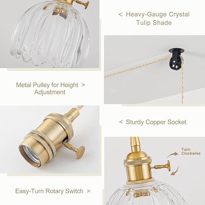 Plug in Pendant Light Fixtures, Hanging Light Fixture Vintage Glass Pendant Light, Mini Transparent Tulip Hanging Lamp, Pendant Lighting for Kitchen Island, Bedroom, Dining Room, Living Room