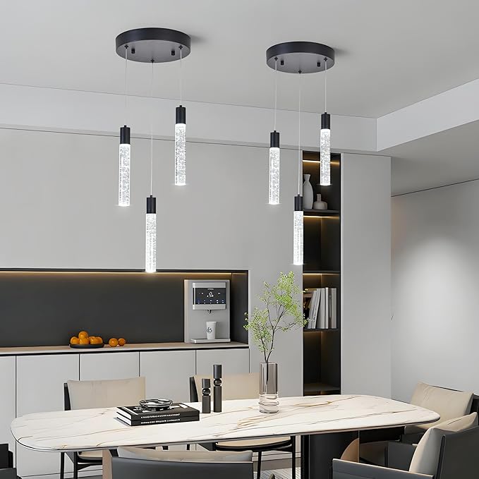 3-Light Bubble Crystal Ceiling Matte Black Integrated Crystal Pendant Chandelier,Dimmable LED Ceiling Light with Adjustable Height for Kitchen Island, Dining Room & Bedroom 3000K -6000K
