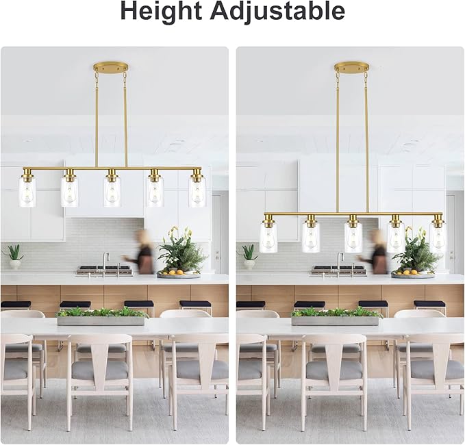 Kitchen Island Lighting, 5-Light Modern Dining Room Light Fixtures Over Table,Farmhouse Gold Linear Chandeliers for Dining Room, Industrial Pendant Lights Fixture with Clear Glass Shade