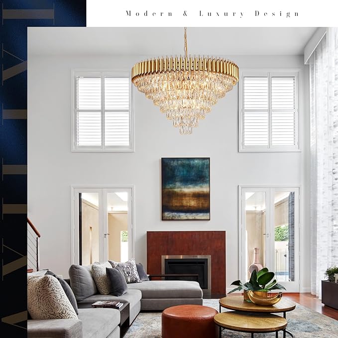 35'' Large Foyer Chandeliers Modern Gold Crystal Chandeliers for Staircase 22 Light Luxury Chandelier 7-Tier K9 Crystal Round Chandelier with Adjustable Chain for High Ceiling Entry Living Room