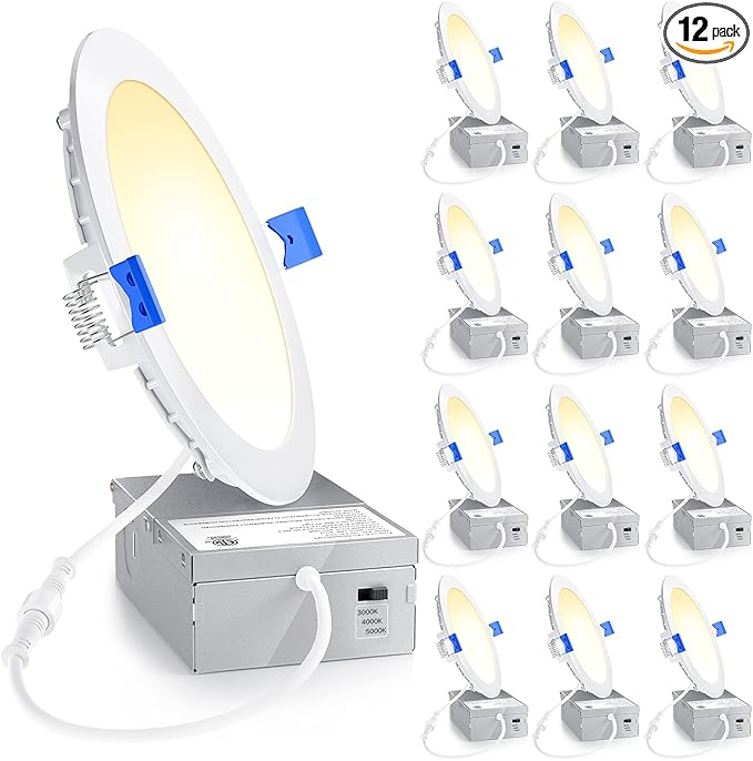 Ensenior 12 Pack 6 Inch LED Recessed Light, Dimmable, 3000K-5000K 3CCT, 1200LM High Brightness, 12W 120V, 3 Pin, ERL-12X-ETL, Damp Rated, Ultra-Thin Canless Wafer Ceiling Light - ETL & FCC & IC