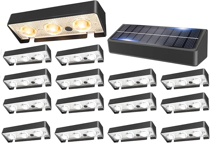 JOFIOS Solar Fence Lights Outdoor, 9 Fixed Colors ＆ Color Changing Fence Lights Solar Powered Waterproof IP65 Dusk-to-Dawn LED Deck Lighting for Patio, Railing, Pool, Porch, Backyard, Wall, 16 Pack