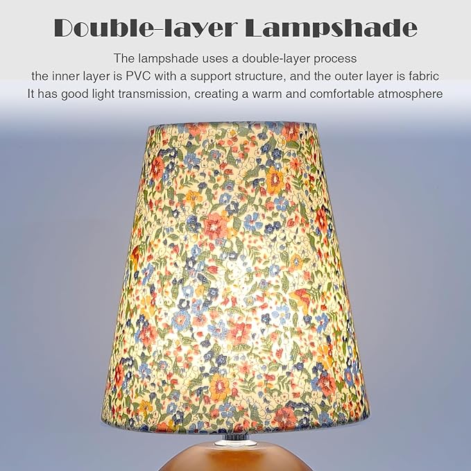 Vintage Wooden Base Fabric Night Lamp, Adjustable Light Color and Brightness with Power-Off Memory, Safe USB Powered, Retro LED Table Light for Bedroom Living Room Office (Floral)