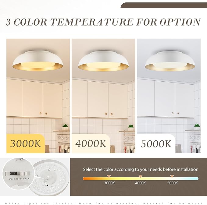 15in LED Flush Mount Ceiling Light, 28W Dimmable Ceiling Light Fixtures with Frosted Glass, White and Gold Finish Modern Ceiling Light for Bedroom Kitchen Living Room, 3CCT, OS-DY2001-WH