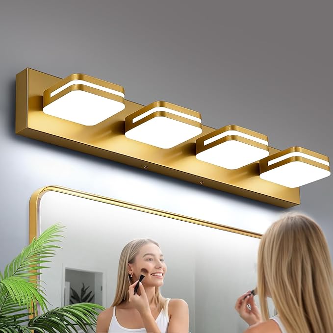360° Rotate LED Bathroom Vanity Light Fixtures, 1600LM Acrylic Gold Vanity Lights for Bathroom, Modern Wall Lighting Fixtures Over Mirror Kitchen Living Room Hallway (Natural White Light 5000K)