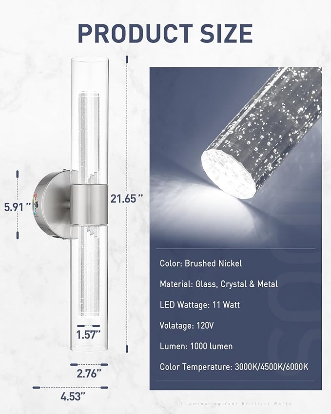 kudos Brushed Nickel Modern Sconces Wall Lighting,2 Pack LED Bathroom Vanity Light Fixtures with Crystal Bubble and Clear Glass, 3000K/4500K/6000K Adjustable, KDVL05-BN-2-2PK