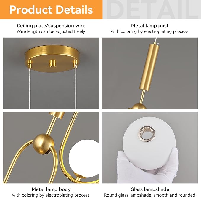 Modern Oblong Glass Pendant Light fixtures 2-Light, Simplicity Gold Pendant Lighting, Mid Century Chandelier for Kitchen Island Dining Room Bedroom Entryway Hallway(1-Pack)