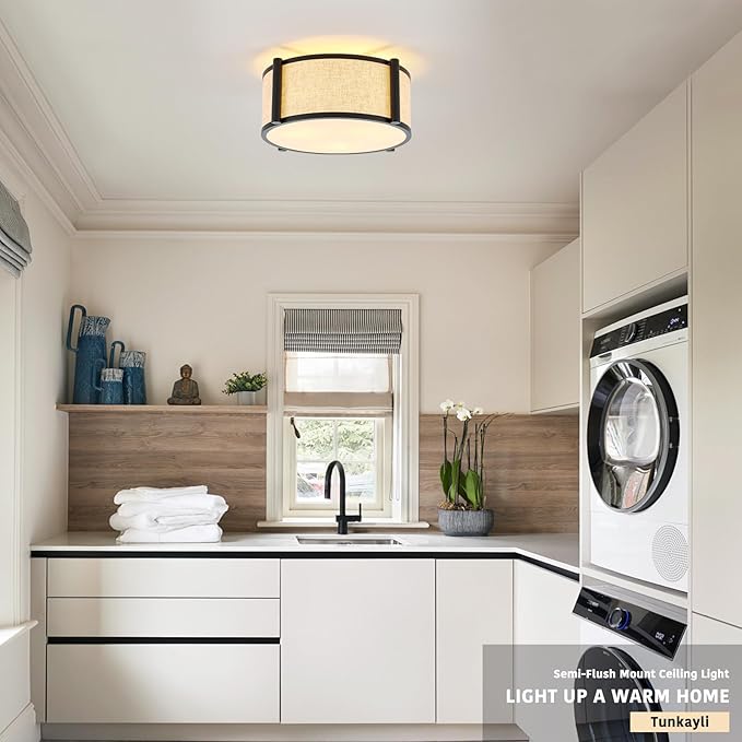 13" Semi Flush Mount Ceiling Light Modern 3-Lights Black Drum Ceiling Light Fixture with Fabric Linen Shade, Vintage Modern Ceiling Lighting for Laundry Room, Kitchen, Basement, Bedroom