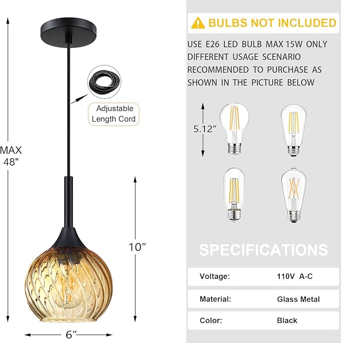 1 Light Pendant Ceiling Light Hanging Modern Farmhouse Indoor Fixture 6" Gold Textured Glass Black Finish Dinning Over Sink Kitchen Island
