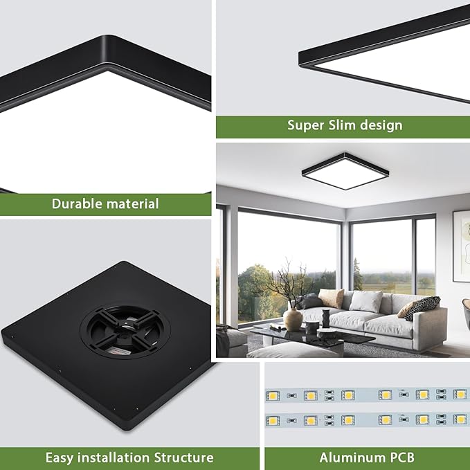 12 Inch 24W LED Flush Mount Ceiling Light Fixtures, 3000K/4000K/6000K Adjustable LED Ceiling Light, 2800LM Bright Flat Square Ceiling Light Fixture for Bedroom, Kitchen, Hallway (Black-6 Pack)