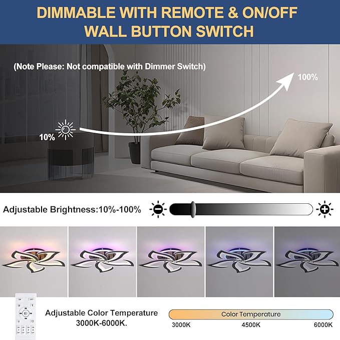 Modern LED Ceiling Light, Dimmable Flush Mount Ceiling Lights, Remote Control Acrylic Ceiling Lamp Fixture for Living Room Dining Room Bedroom,3000-6000K,Black