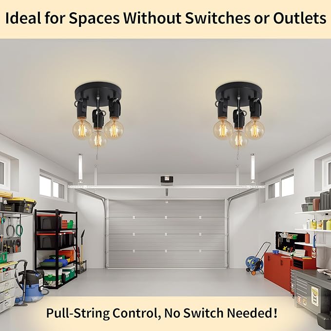 SEEBLEN 3 Light Flush Mount Ceiling Light with Pull Chain, Industrial Kitchen Ceiling with Rotatable Light Head,Black Pull Chain Spotlight for Bedroom Hallway Kitchen Laundry