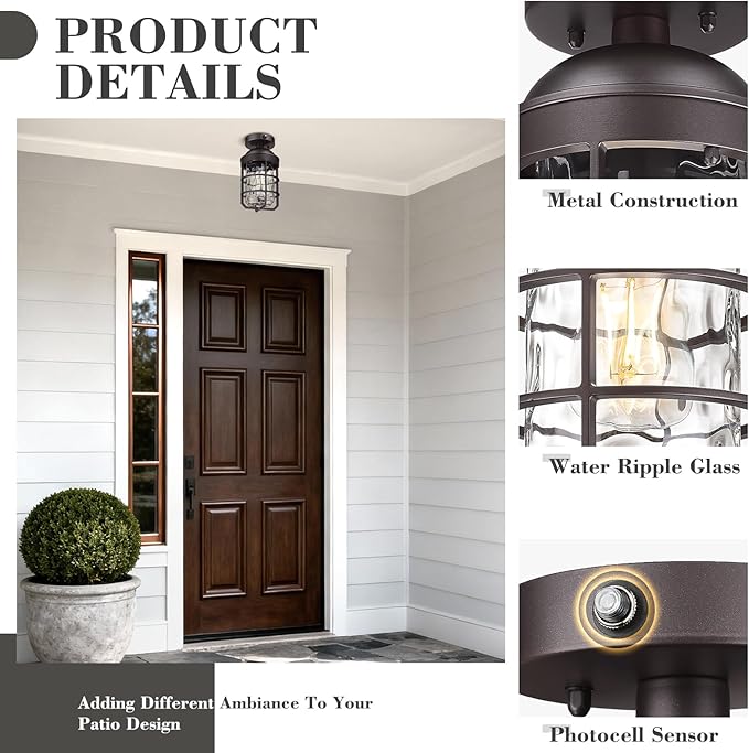 Emliviar Farmhouse Ceiling Lamp in Oil Rubbed Bronze Finish, Dusk to Dawn 11" Semi Flush Mount Ceiling Light Fixture with Water Ripple Glass Shade, GE255LF-PC ORB-WG