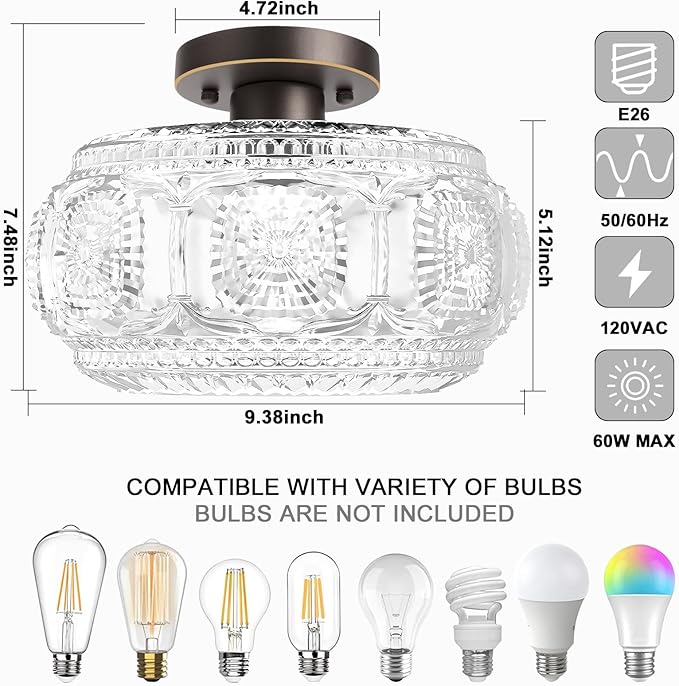 Semi Flush Mount Ceiling Light, Globe Glass Ceiling Light Fixture, Oil Rubbed Bronze with Gold Trim Modern Lighting for Hallway Bedroom Entryway Kitchen Porch, Bulb Not Included