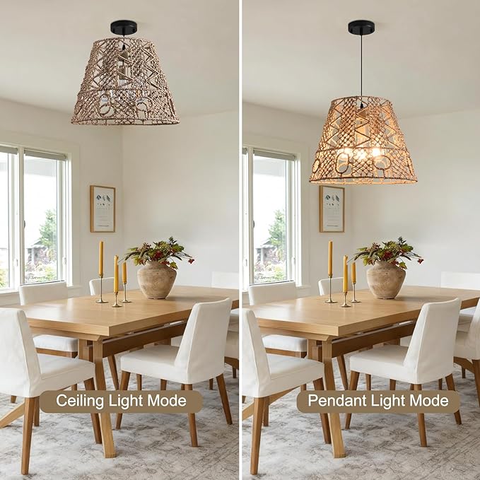 18.11" Rattan Pendant Light,Boho Hand Woven Wicker Hanging Light 3-Light Seagrass Rattan Chandelier for Dining Living Bedroom Sand Black Metal