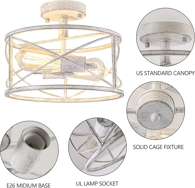 White Semi Flush Ceiling Light Fixture, 2-Light Farmhouse Flush Mount Light Fixtures, Modern Industrial Metal Cage Pendant Lighting for Hallway, Bedroom, Kitchen, Foyer, Living Room, Dining Room