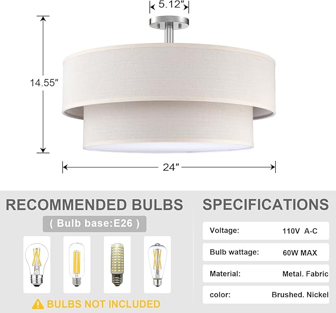 5 Light Semi Flush Mount Close to Ceiling Light Fixture,Cream Linen Fabric Shade Brushed Nickel Finish 24 inch for Bedroom,Living Room,Dining Room Hallway