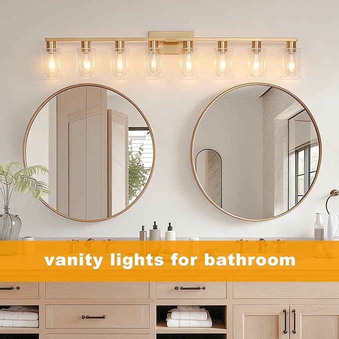 8 Light Bathroom Vanity Light Gold Bathroom Light Fixtures Brass Vanity Lights for Bathrrom 46 in Large Wall Sconce Brush Gold with Clear Glass Shade for Over Mirror