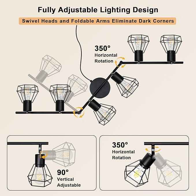 HiBay Plug in Track Lighting, 6-Light Rotatable Ceiling Light Fixture Black, Industrial Plug-in Track Lights with 16.4Ft Power Cord and in-Line On/Off Rocker Switch for Kitchen Living Room Office