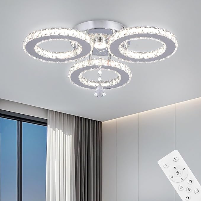 Dimmable LED Crystal Ceiling Light 13x3.5 Inches 3 Rings Crystal Chandelier Flush Mount Lighting Fixture for Bedroom Hobby Living Room