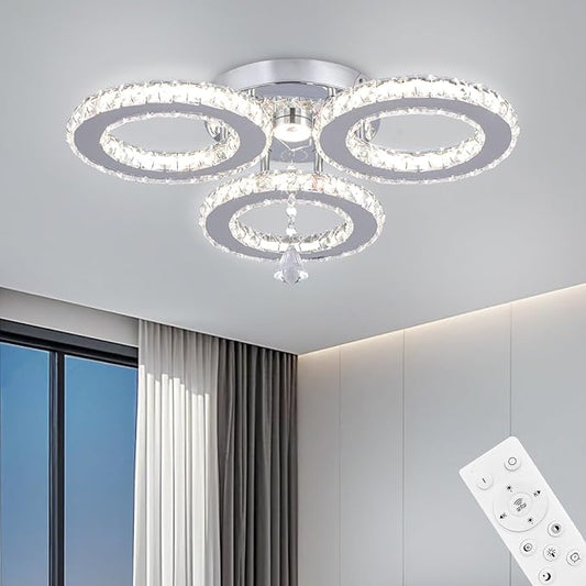 Dimmable LED Crystal Ceiling Light 13x3.5 Inches 3 Rings Crystal Chandelier Flush Mount Lighting Fixture for Bedroom Hobby Living Room