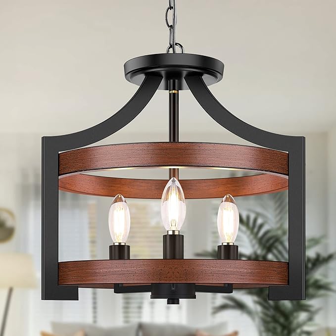 3-Light Farmhouse Chandelier, 14.5” Pendant Hanging Lighting Adjustable Height, Convertible Vintage Semi Flush Mount Ceiling Light Fixture, Rustic Chandeliers for Dining Room Foyer Entryway Kitchen