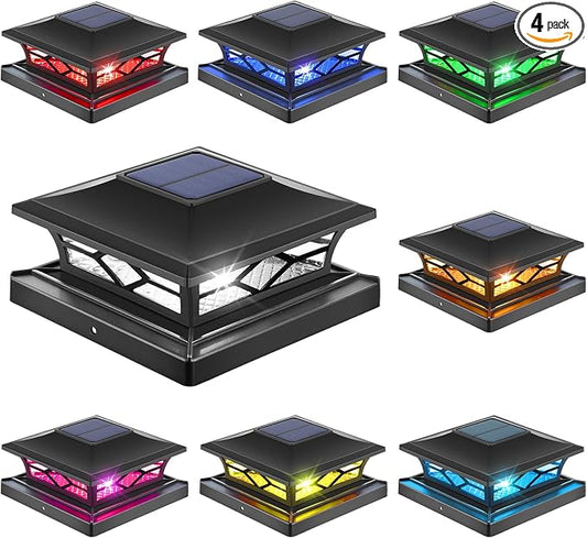 APONUO Solar Post Cap Lights with 8 RGB Colors and Multicolor Flow, Ultra-Bright Clear Lens, IP65 Waterproof for 4x4 5x5 6x6 Wood & Vinyl Fence Posts, 8 Pack Black