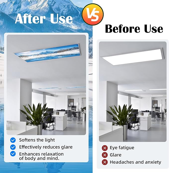 ANGSYLTH 8 Pcs Fluorescent Light Covers - 4 x 2 Feet Magnetic Light Filters for Ceiling Lights, Classroom, Office, Hospitals, Home (Winter - Snow)
