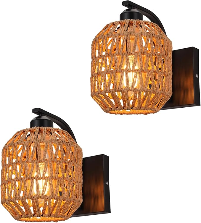lobolighting Boho Rattan Wall Sconces Set of Two Hardwired Hand-Woven Farmhouse Wall Lamps Indoor Rustic Wall Mount Light Fixtures for Bedroom Living Room Nursery Hallway (Bulbs Not Included)