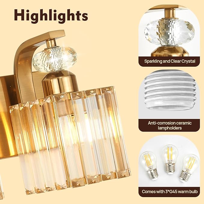 Modern Bathroom Vanity Light, 3-Light Gold Bathroom Lighting Fixtures Over Mirror, 20.5" Crystal Wall Light Sconce for Bathroom/Bedroom/Vanity, Includes LED Bulbs, Easy Installation
