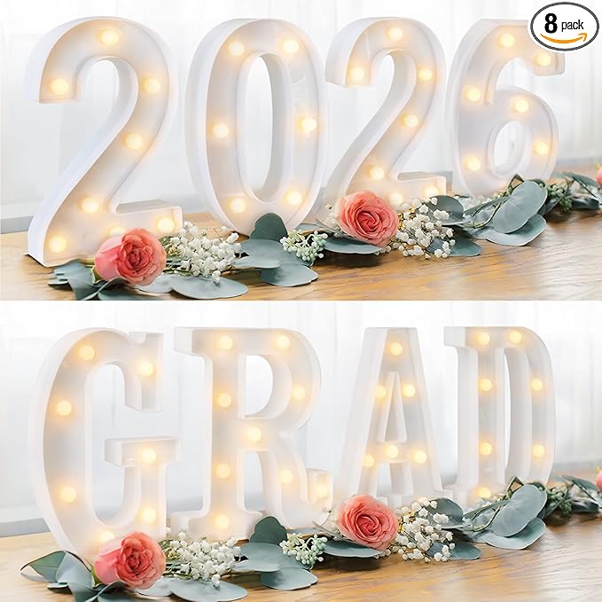 Graduation Decorations 2025 - 8 Light Up LED Marquee Letters "GRAD 2025" - Class of 2025 Ornaments Sign for Kindergarten Middle School Centerpiece Party Decorations
