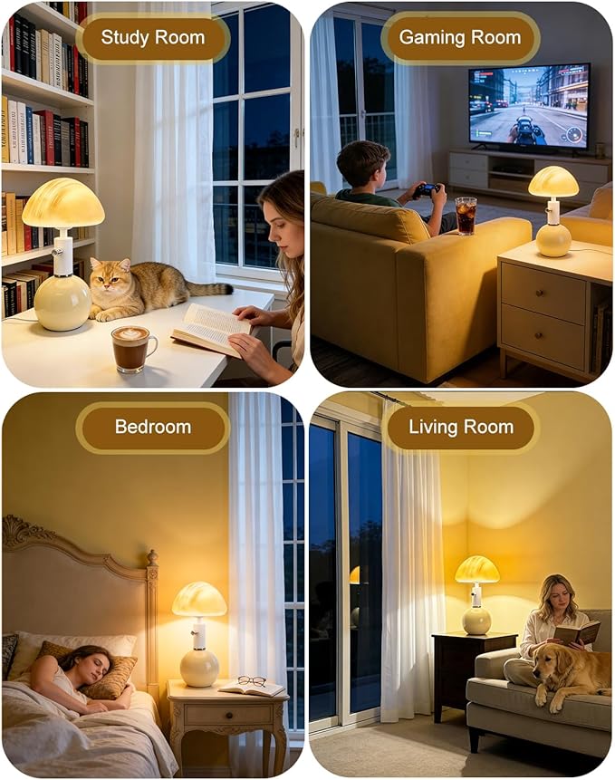 Lightdot Mid Century Modern Stepless Dimmable Table Lamp Ceramic 3000K Warmwhite Desk Lamp with Mushroom-Shaped Shade for Living Room Bedroom Bedside Nightstand Office Home Reading