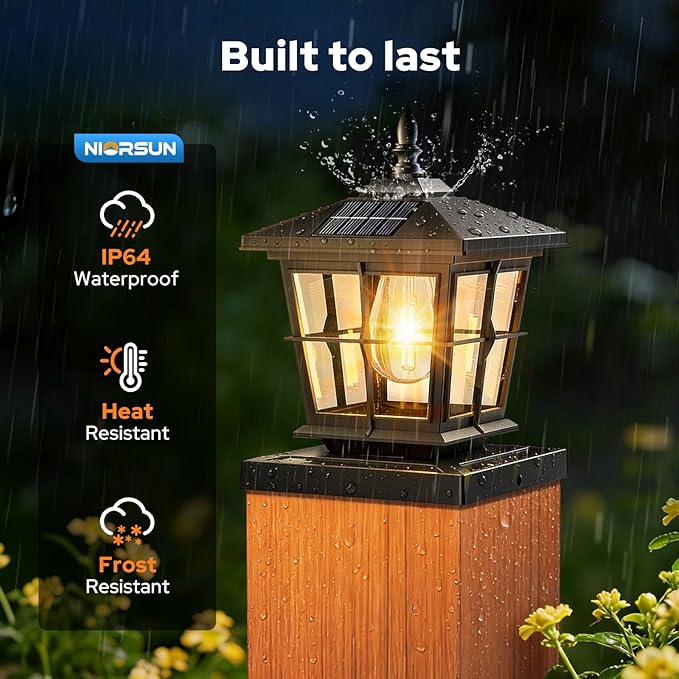 NIORSUN Solar Post Lights Outdoor, Fence Post Solar Lights with 3 Color Temperatures, Edison LED Bulbs Garden Patio Fence Deck Decor, 4x4 Posts Caps, 4x4, 5x5 Wooden & Vinyl (4 Pack,Black)