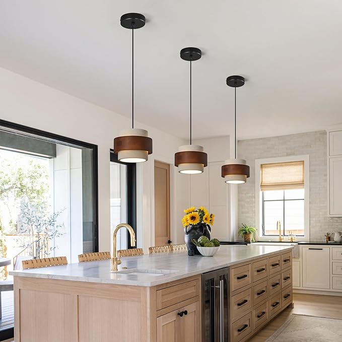 Modern Cement Pendant Light Fixture,Concrete Pendant Lights with Wood Accent,Vintage Farmhouse Chandelier for Kitchen Island Dining Room Living Room Bedroom Restaurant Cafe(White 3-Pack)