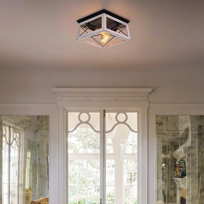 Luupyia 2Light Farmhouse Ceiling Light Fixture Semi Flush Mount, White Ceiling Light Rectangle Rustic Lighting Farmhouse Hallway Lights Fixtures Foyer Lighting for Entryway