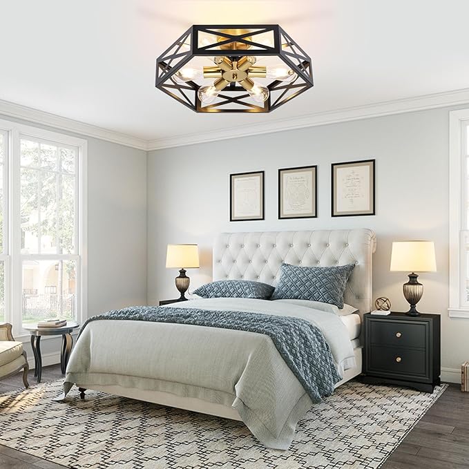 6-Light Semi Flush Mount Ceiling Light, Large Black and Gold Fixtures Ceiling Mount with Hexagon Cage, Metal Industrial Close to Ceiling Light for Hallway, Kitchen, Bedroom (19.68''L)